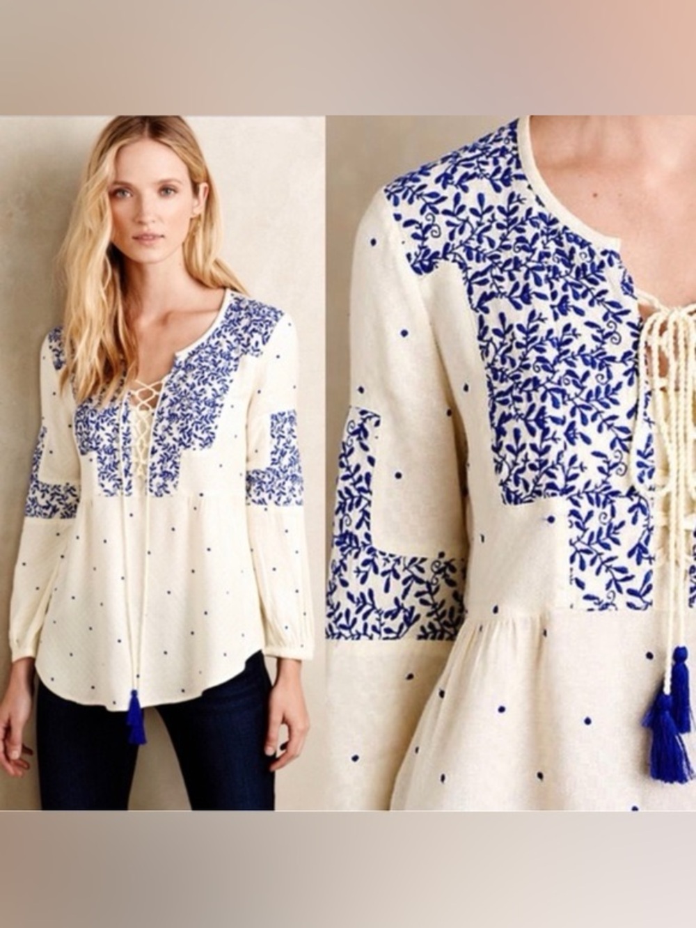 Anthropologie Vanessa Virginia library peasant blouse in blue ivory size 2